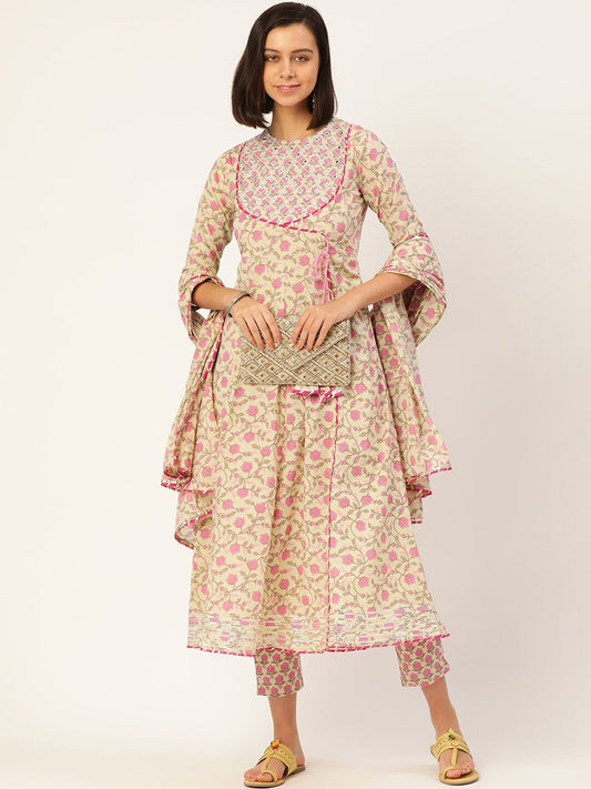 HERE&NOW Women Pink Floral Printed Angrakha Pure Cotton Kurta with Trousers & With Dupatta