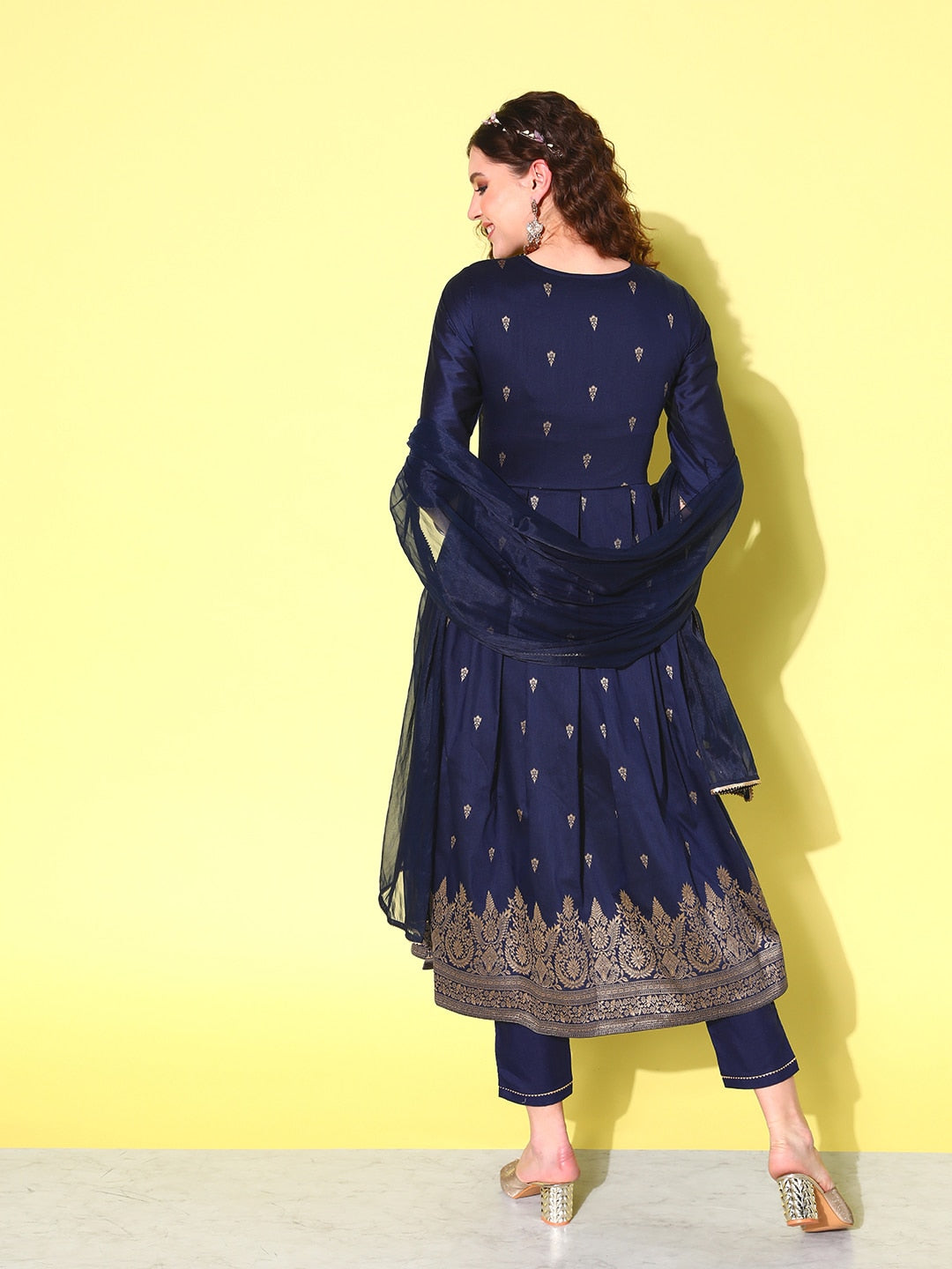 Sangria Floral Yoke Design Pleated Chanderi Silk Kurta with Trousers & With Dupatta - Grab2buy