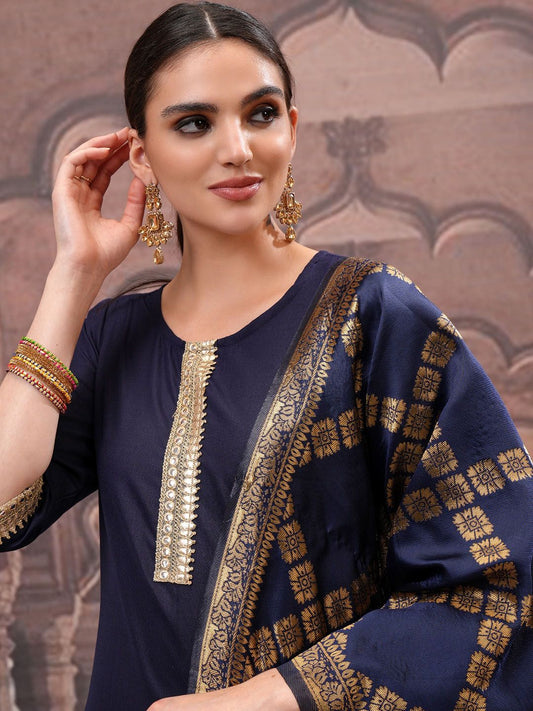 Vishudh Navy Blue Mirror Work Zari Straight Kurta with Palazzo & Dupatta | Grab2Buy