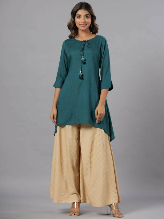 Juniper Women Teal Rayon Solid Asymmetric Kurta