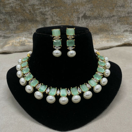 Sea Green Partywear American Diamond Necklace Set For Women By House of Ree