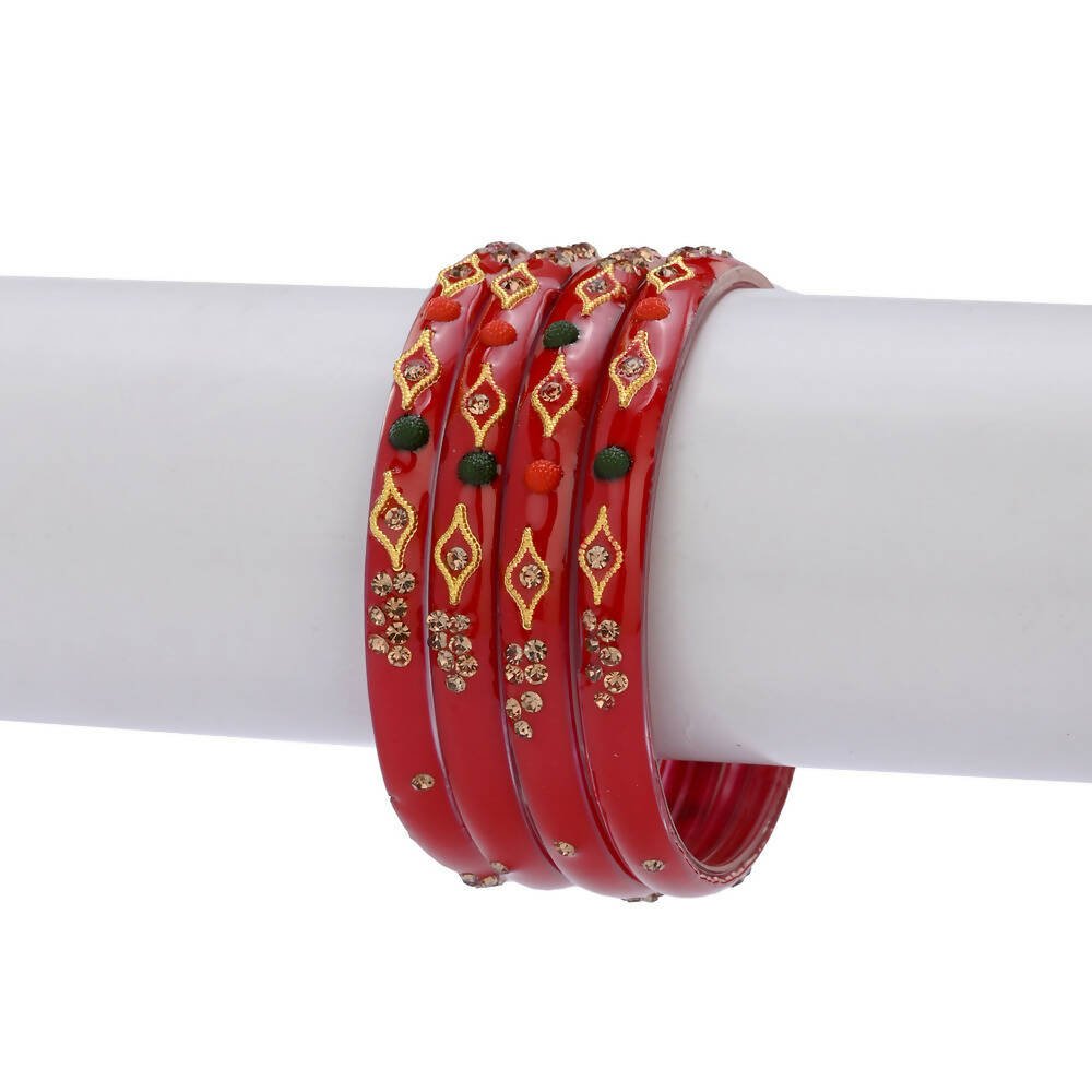 Afast Designer Fancy Party Bangle/ Kada Set, Red, Glass, Pack Of 4 - Grab2buy