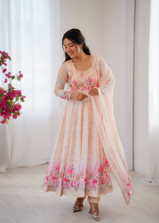 Teeya Creation Womens New Organza Soft Taby Silk Heavy Quality Fabric With Digital Print Baby-Pink Gown Set