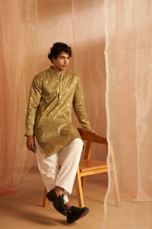 Green Viscose Wevon Designer Men's Kurta Set - Mahotsav