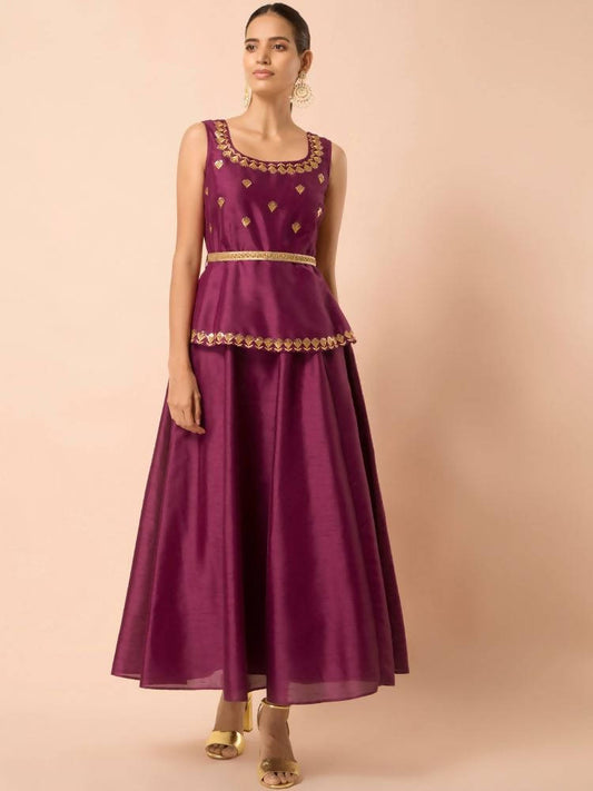 Indya Women Wine-Colored Embroidered Belted Peplum Layered Kurta