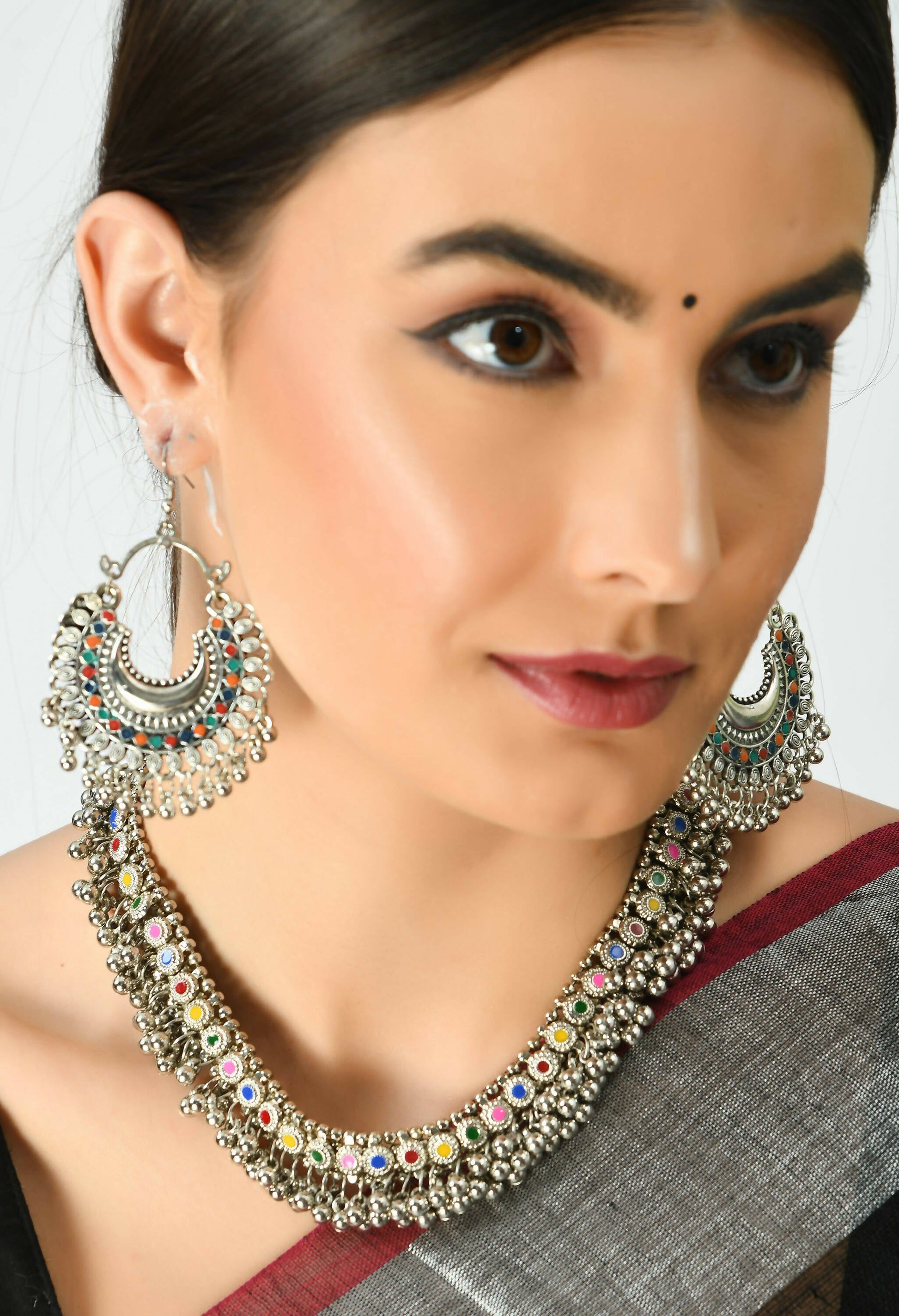 Mominos Fashion Johar Kamal Oxidised Silver-Plated Meena Work Choker Set - Grab2buy