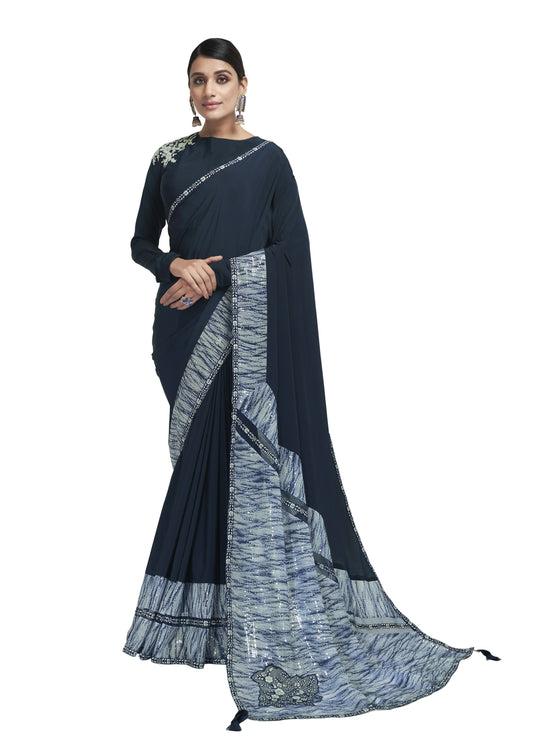Teal Crepe Sequence Saree With Blouse Piece - Norita Avyaan