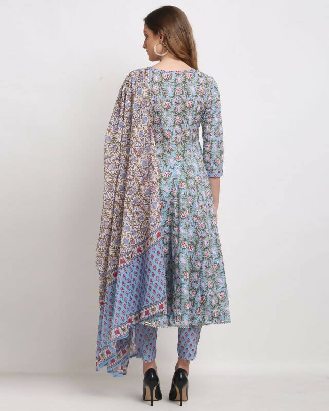 Aastha Fashion Women's Blue Cotton Kalamkari Printed Kurta with Trouser & Dupatta - Grab2buy