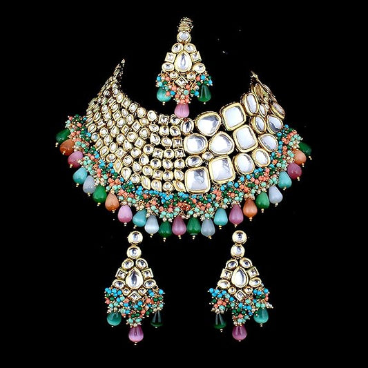 Tehzeeb Creations Meenakari Gold-Polished Multi color Uncut dibbi Kundan Combo Necklace Set | Grab2Buy