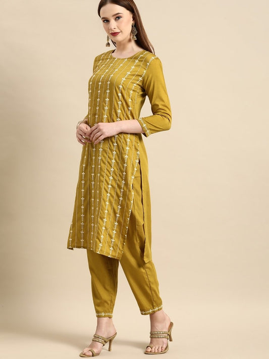 All About You Women Mustard Yellow Floral Embroidered Thread Work Kurta with Trousers