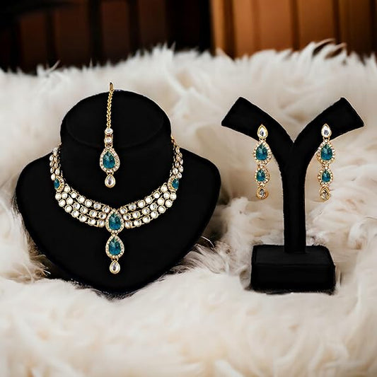 Tehzeeb Creations Traditional Gold-Polished Kundan Necklace Set for Girls & Women | Grab2Buy