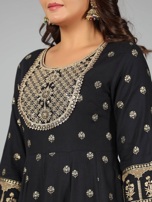 Juniper Women Black Rayon Printed with Embroidery Kurta, Pants & Dupatta Set