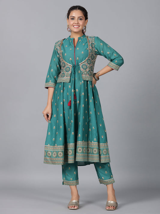 Juniper Women Teal Chanderi Printed Kurta& Pants Set