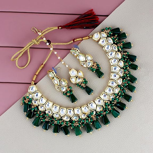 Tehzeeb Creations Meenakari Gold-Polished pentagon shape Uncut Kundan Necklace Set | Grab2Buy