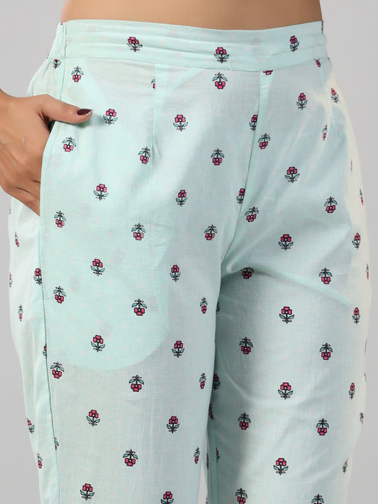 Juniper Women Mint Printed Cotton Kurta & Pants Set