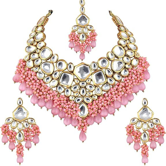 Tehzeeb Creations Gold-Polished Pink Color Kundan Stone/Uncut Kundan/Dibbi Kundan/Meena Kundan/Lucknow Kundan with Monalisa Drop Bridal Set for Girls & Women | Grab2Buy
