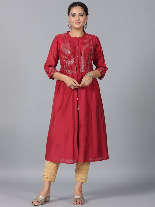 Juniper Women Maroon Chanderi Embroidered Jacket Style Kurta Dress