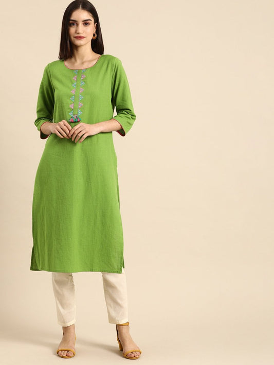 All About You Women Green & Pink Ethnic Motifs Yoke Design Thread Work Pure Cotton Kurta