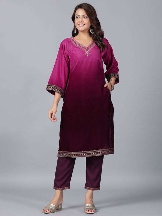 Juniper Women Purple Velvet Embroidered Kurta & Pants Set