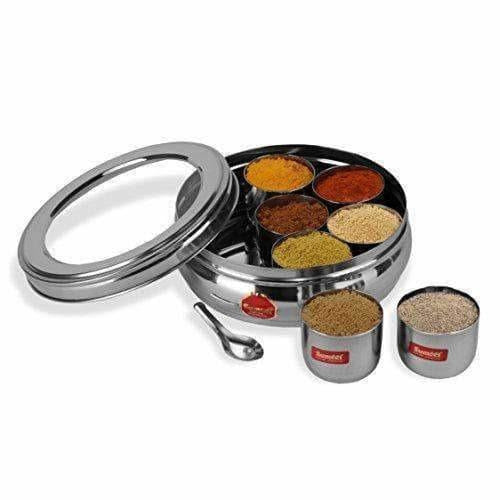 Stainless Steel Belly Shape Spice Box with See Through Lid with 7 Containers and Small Spoon - Grab2buy