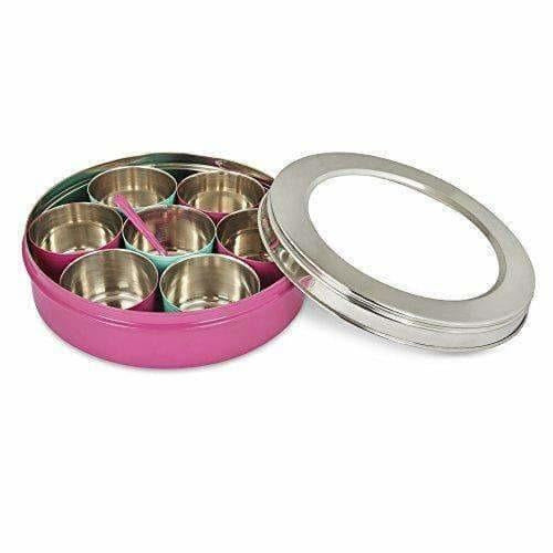 Stainless Steel Made Masala Box Spice Box Masala Dabba Container With Glass Lid 7 Compartments With 1 Spoon - Grab2buy