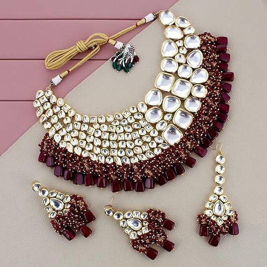 Tehzeeb Creations Meenakari Gold-Polished Maroon color Uncut dibbi Kundan Combo Necklace Set | Grab2Buy