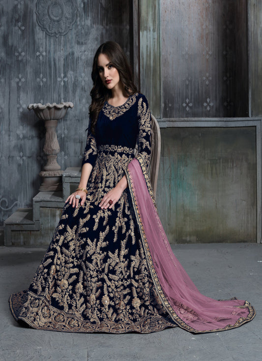 Monjolika Fashion Stunning Dark Green Color Velvet Embroidery Patiala Suit