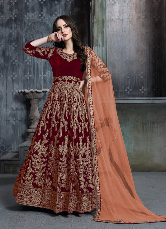 Monjolika Fashion Stunning Maroon Color Velvet Embroidery Patiala Suit