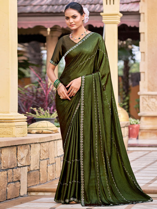 Stylee Lifestyle Olive Shimmer Chiffon Embellished Saree