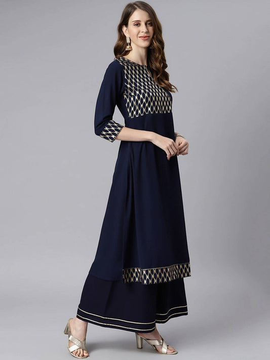 Janasya Women Navy Blue & Gold-Toned Printed Yoke Design Keyhole Neck Crepe Anarkali Kurta