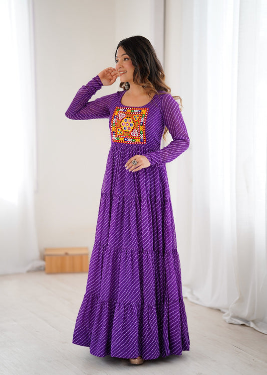 Lorenvalley Fashion Women Pure Soft Faux Georgette Leheriya Print Anarkali Gown