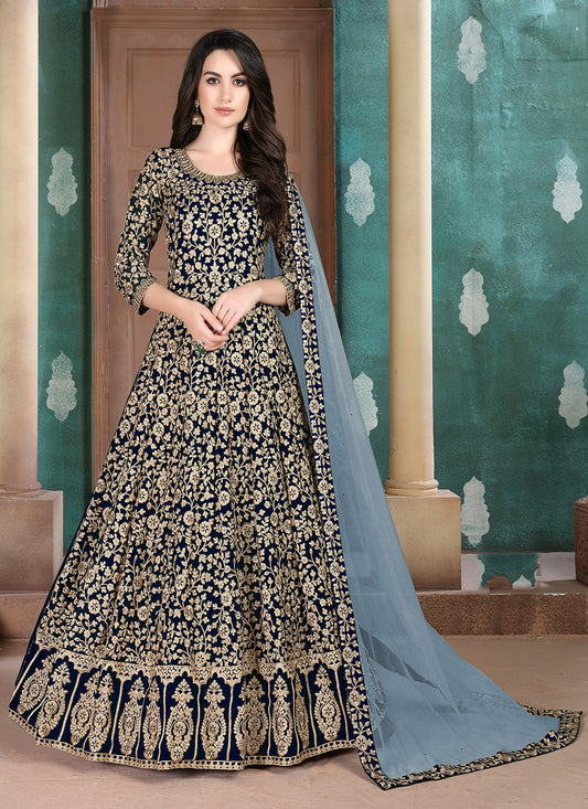 Monjolika Fashion Dark Blue Georgette Embroidered Salwar Kameez