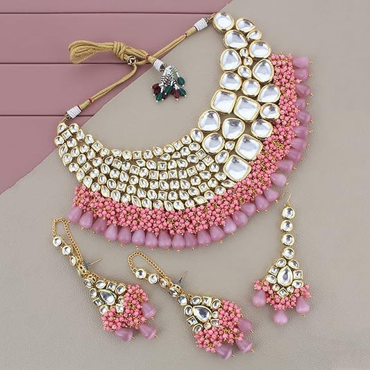 Tehzeeb Creations Meenakari Gold-Polished Pink color Uncut dibbi Kundan Combo Necklace Set | Grab2Buy