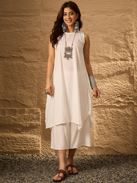 InWeave White Round Neck Short Palazzo Set | Grab2Buy