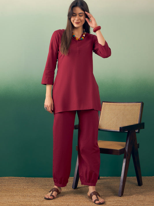 InWeave Burgundy Solid V Neck Short Kurta Pant Set | Grab2Buy