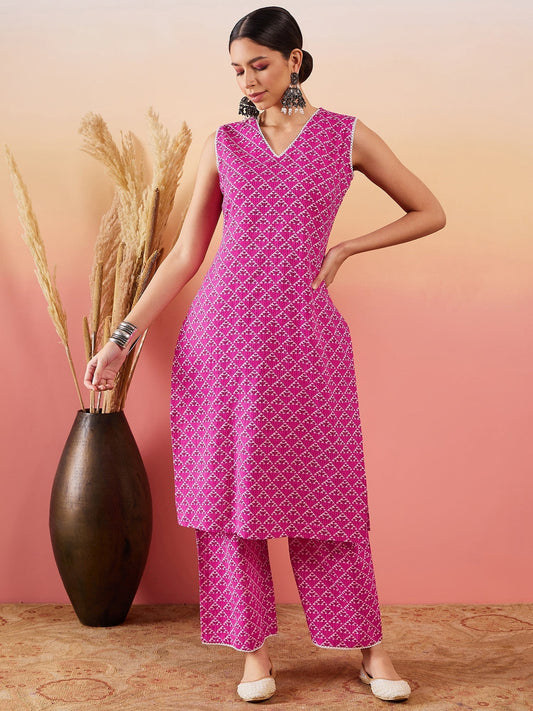 InWeave Pink Pyramid Kantha V Neck Lace Work Kurta Palazzo Set | Grab2Buy