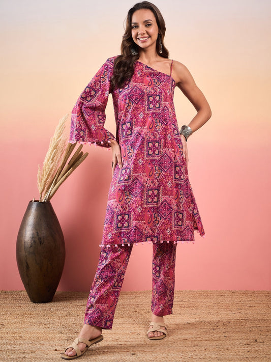 InWeave Pink Violet Printed One Shoulder Strapp Kurta Set | Grab2Buy