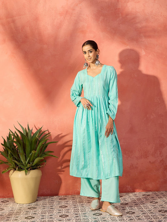 InWeave Mint Green Lurex Sweetheart Neck Short Kurta Pant Set | Grab2Buy