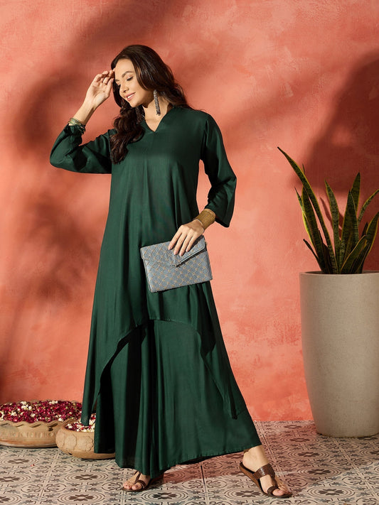 InWeave Dark Green Mandarin Neck High Low Kurta Set | Grab2Buy