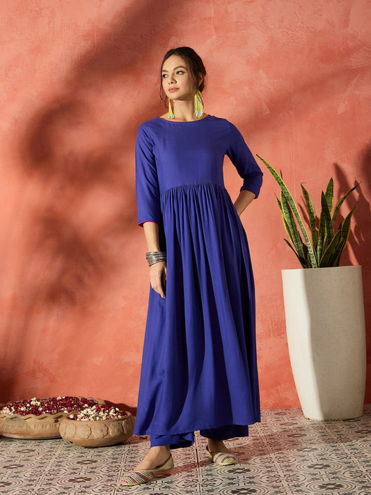 InWeave Ink Blue Long Anarkali Kurta Pant Set | Grab2Buy