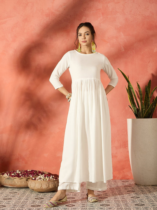 InWeave White Long Anarkali Kurta Pant Set | Grab2Buy