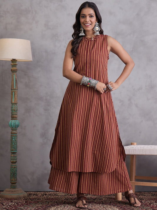 InWeave Maroon Orange Striped Kurta Set | Grab2Buy
