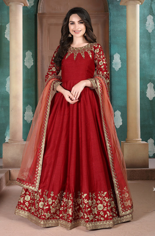 Monjolika Fashion Red Color Silk Embroidered Anarkali Suit