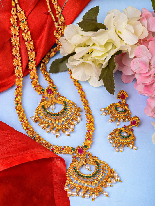 Saraf RS Jewellery Gold-Plated Red & Green Bridal Temple Jewellery Set - Grab2buy