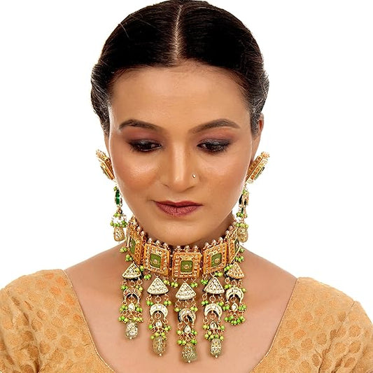 Tehzeeb Creations Meenakari Gold-Polished Green Color Rectangular Shape Uncut Kundan Combo Necklace Set | Grab2Buy