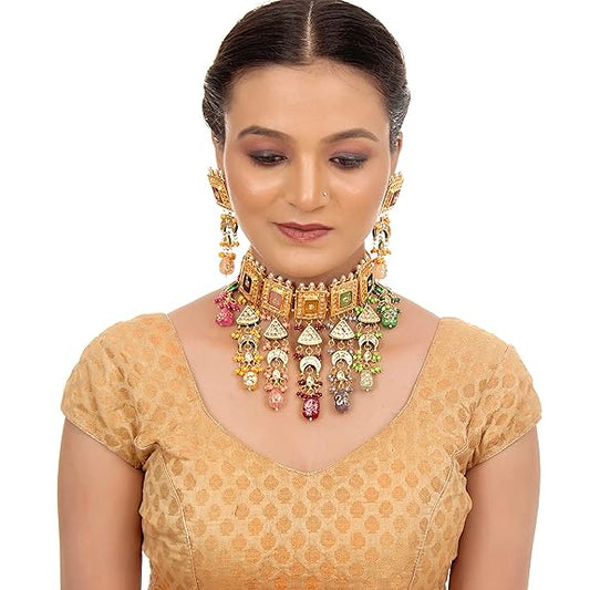 Tehzeeb Creations Meenakari Gold-Polished Multi Color Rectangular Shape Uncut Kundan Combo Necklace Set | Grab2Buy
