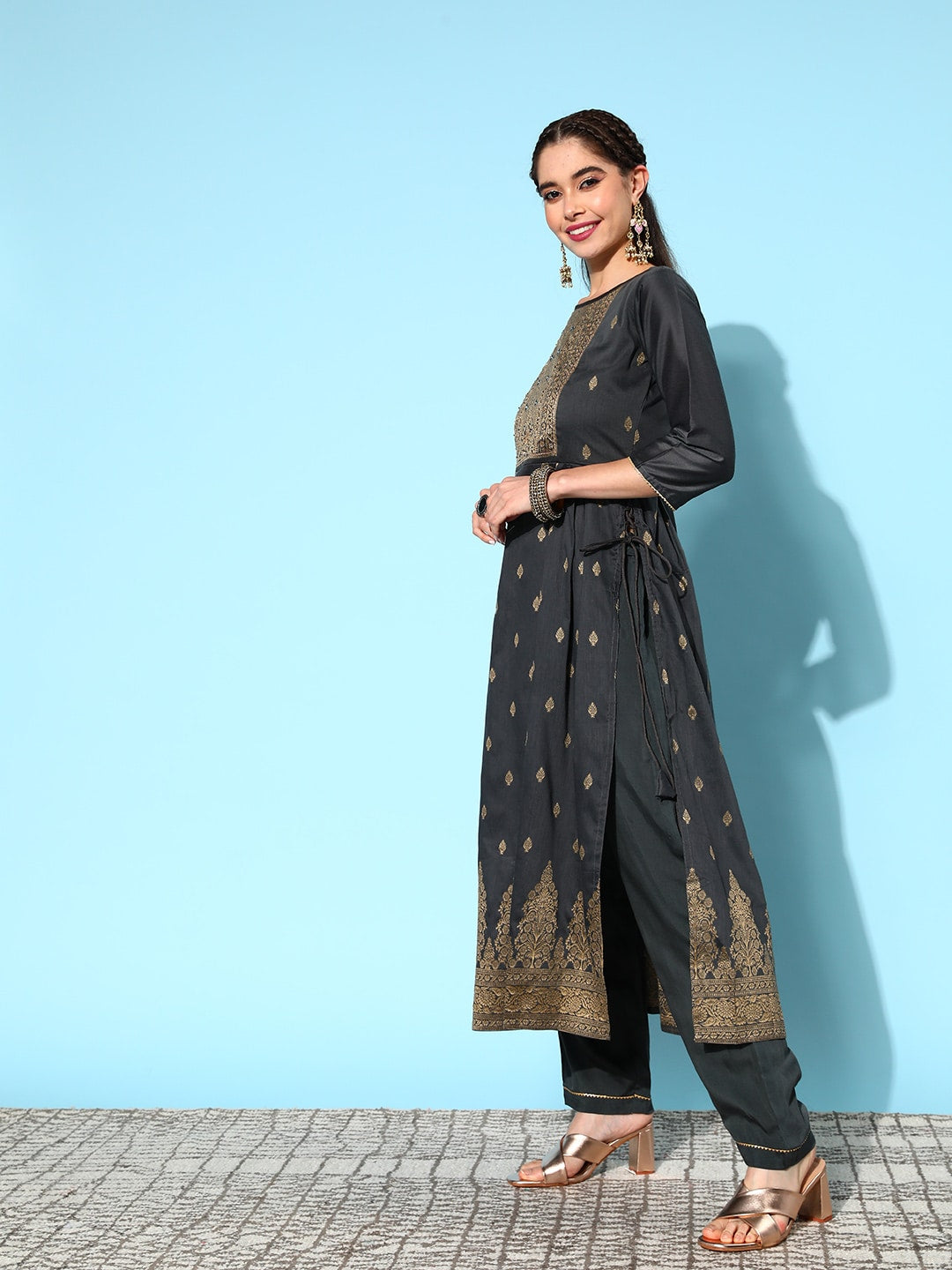 Sangria Ethnic Motifs Yoke Design Pleated Chanderi Silk Kurta with Trousers & With Dupatta - Grab2buy