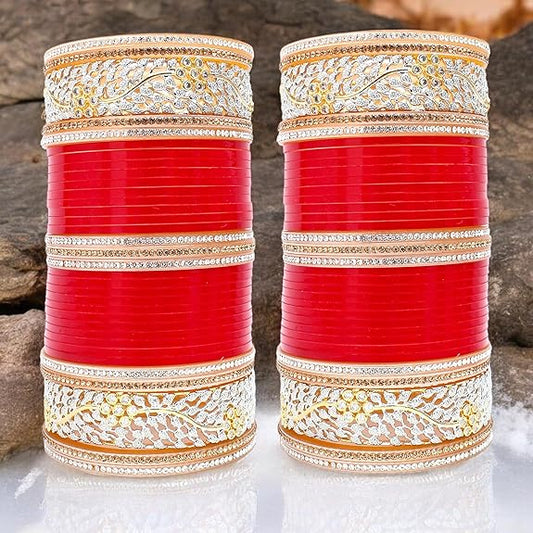 Tehzeeb Creations Bridal Bangle Set Red Designer AD & Golden Stone Dulhan Chuda Fashion Wedding Chura Punjabi Choora For Women | Grab2Buy