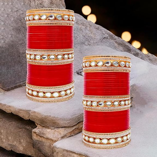 Tehzeeb Creations Bridal Bangle Set Chura Red White Kundan & Golden Stone Choora Wedding Punjabi Chuda for Women | Grab2Buy