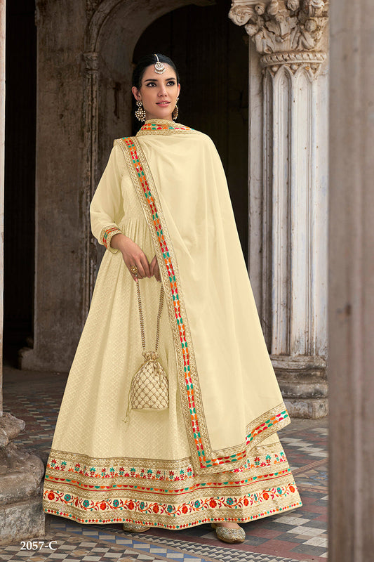 Monjolika Fashion Cream Color Georgette Embroidered Floor Length Anarkali Suit